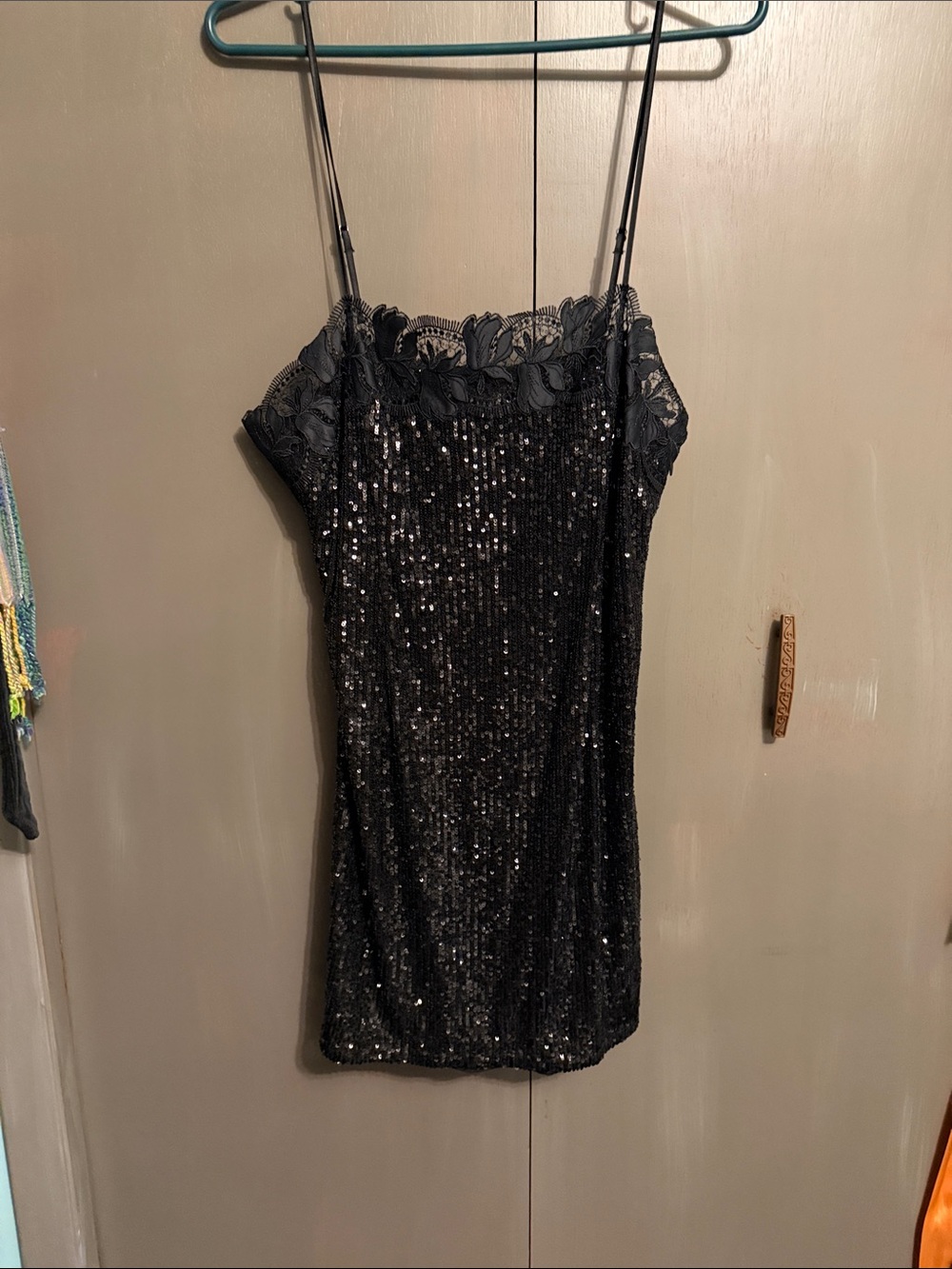 Victoria's Secret Black Sequin Slip Dress with Lace Trim